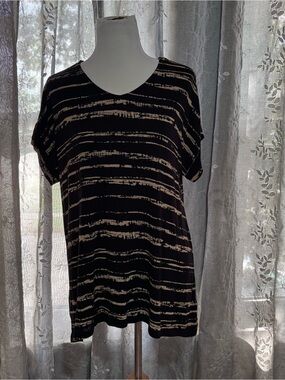 Habitat Black and Cream Striped V-Neck Short Sleeve Top